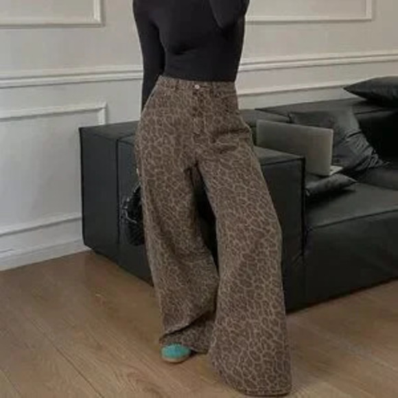 Denim - Coffee Brown Casual Women's Loose Leopard Print Cotton Pants